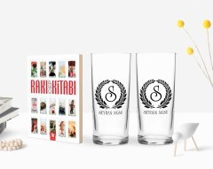 Kişiye Özel Renkli Baskılı Çelenk Baş Harfli İsimli İkili Rakı Bardağı ve Rakı Cep Kitabı Hediye Seti-6