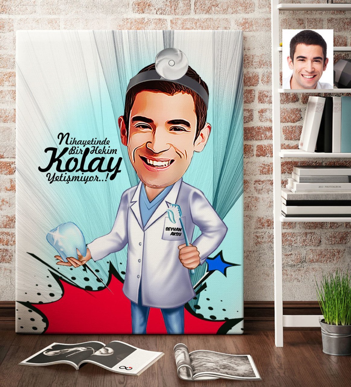 Kişiye Özel Bay Diş Hekimi Karikatür Kanvas Tablo (70 x 100 cm.) 3