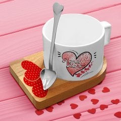 Kişiye Özel Sevgililer Günü Tasarımlı Ahşap Altlıklı Seramik Fincan - 5