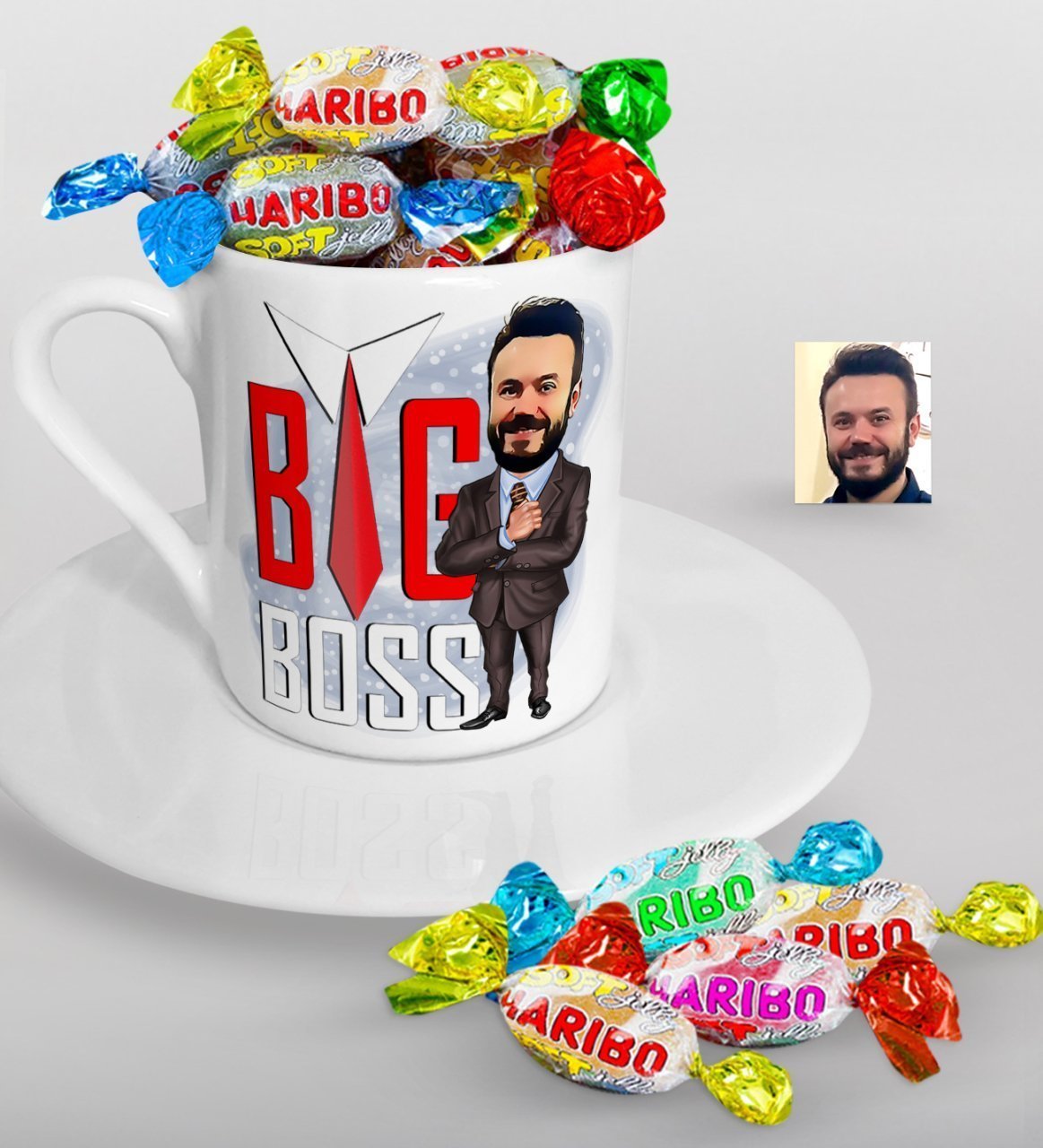 Kişiye Özel Bay Big Boss Karikatürlü Türk Kahvesi Fincanı ve Haribo Şeker Hediye Seti-4