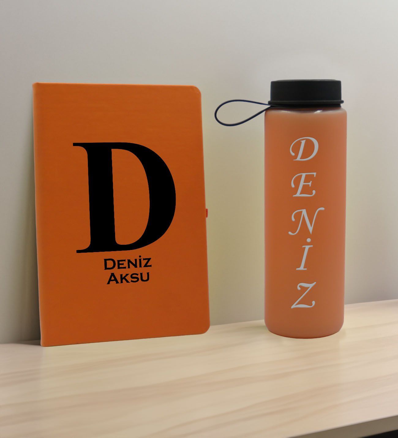 BK Gift Kişiye Özel İsimli Turuncu Defter ve Somon Cam Matara Hediye Seti-5, Sevgiliye Hediye, Arkadaşa Hediye, Yeni İş Hediyesi