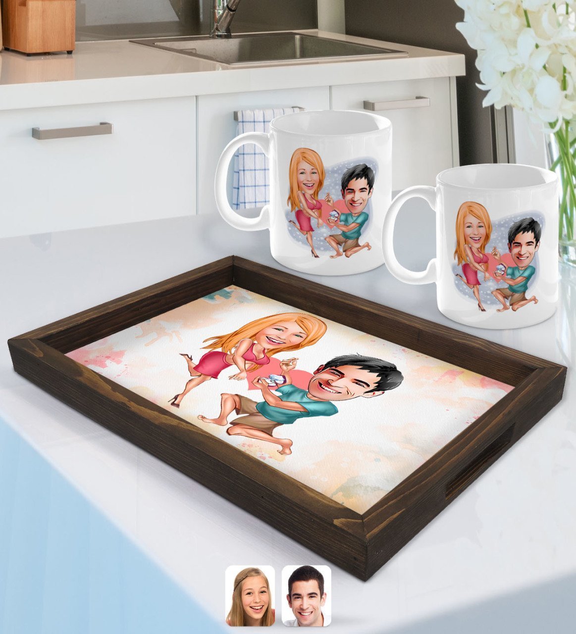 Kişiye Özel Sevgililer Karikatürlü Doğal Ahşap Tepsi ve 2’li Kupa Bardak Seti-19