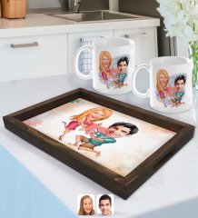 Kişiye Özel Sevgililer Karikatürlü Doğal Ahşap Tepsi ve 2’li Kupa Bardak Seti-19