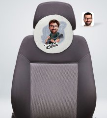 Kişiye Özel İsimli Erkek Gitarist Karikatürlü Yuvarlak Araç Koltuk Yastığı-1