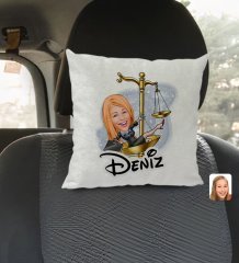 Kişiye Özel İsimli Kadın Avukat Karikatürlü Kare Araç Koltuk Yastığı-4