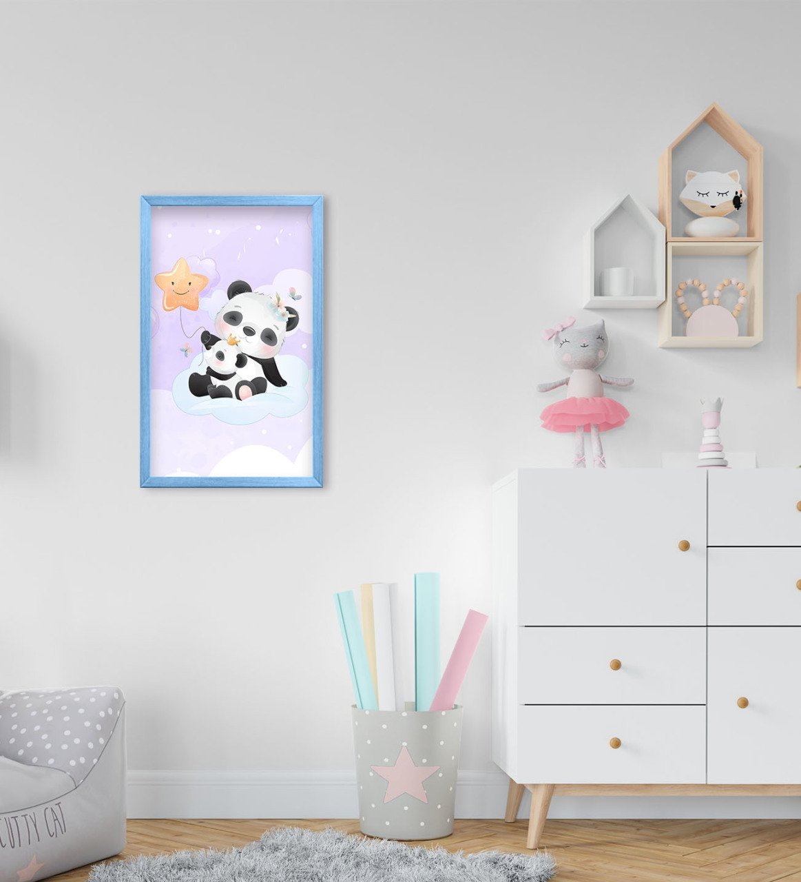 BK Home Tatlı Pandalar Tasarımlı Dekoratif Mavi Ahşap Çerçeveli Çocuk Odası Tablo-2