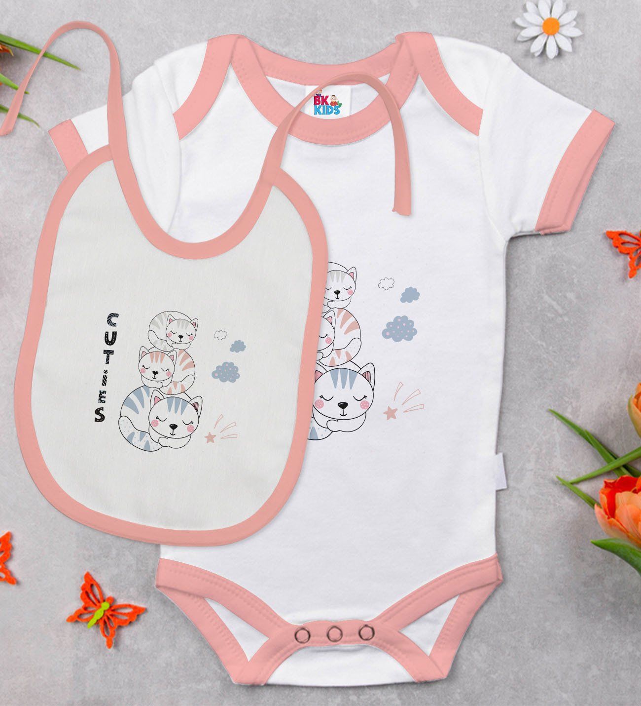 BK Kids Cuties Tasarımlı Pembe Bebek Body Zıbın ve Mama Önlüğü Hediye Seti-1