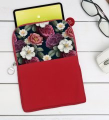 BK Gift Çiçekler Tasarımlı Taşınabilir Koruyucu Tablet Kılıfı & Organizer Çanta - Kırmızı-2