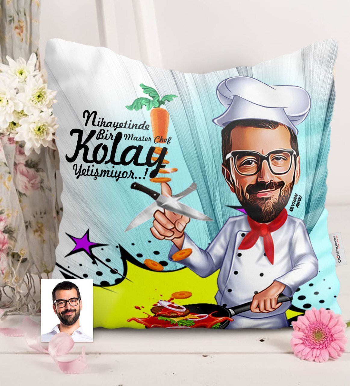 Kişiye Özel Bay Master Chef Karikatürlü Saten Yastık - 1