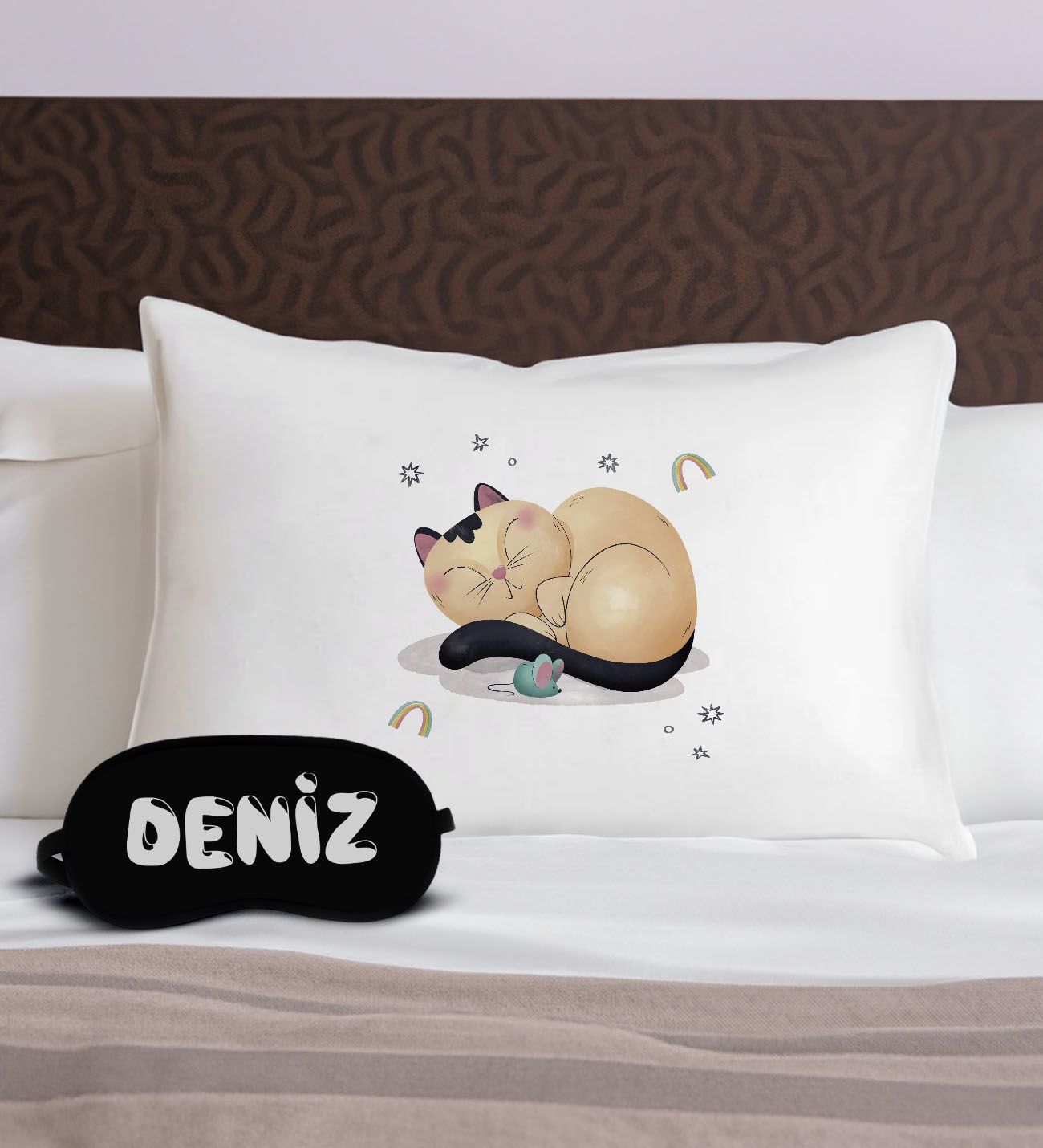 BK Gift Kişiye Özel Eğlenceli Kedi Tasarrımlı Pamuklu Yastık Kılıfı ve Göz Bandı Uyku Seti-2, Tasarım Ev Tekstili, Uyku Bandı, Ev Hediyesi