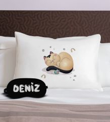 BK Gift Kişiye Özel Eğlenceli Kedi Tasarrımlı Pamuklu Yastık Kılıfı ve Göz Bandı Uyku Seti-2, Tasarım Ev Tekstili, Uyku Bandı, Ev Hediyesi