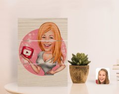 Kişiye Özel Kadın Youtuber Karikatürlü Otantik Masaüstü Ahşap Palet Çerçeve-2