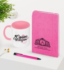 Kişiye Özel Canım Öğretmenim Temalı Pembe Defter Kalem Kupa Seti - 3