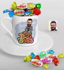 Kişiye Özel Bay Big Boss Karikatürlü Türk Kahvesi Fincanı ve Haribo Şeker Hediye Seti-3