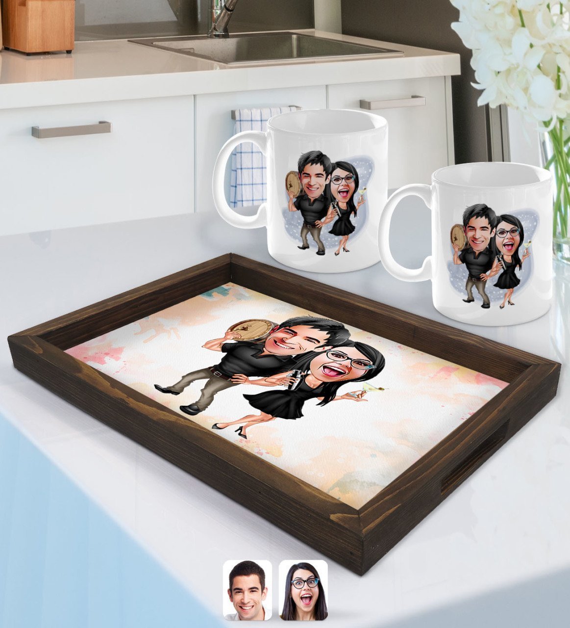 Kişiye Özel Sevgililer Karikatürlü Doğal Ahşap Tepsi ve 2’li Kupa Bardak Seti-18