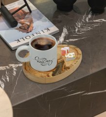 Kişiye Özel Mermer Tasarımlı Doğal Ahşap Tabaklı Türk Kahvesi Fincanı Sunum Seti Model 16