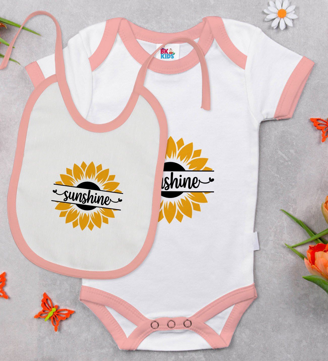 BK Kids Sunshine Tasarımlı Pembe Bebek Body Zıbın ve Mama Önlüğü Hediye Seti-1