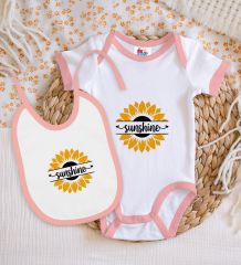 BK Kids Sunshine Tasarımlı Pembe Bebek Body Zıbın ve Mama Önlüğü Hediye Seti-1