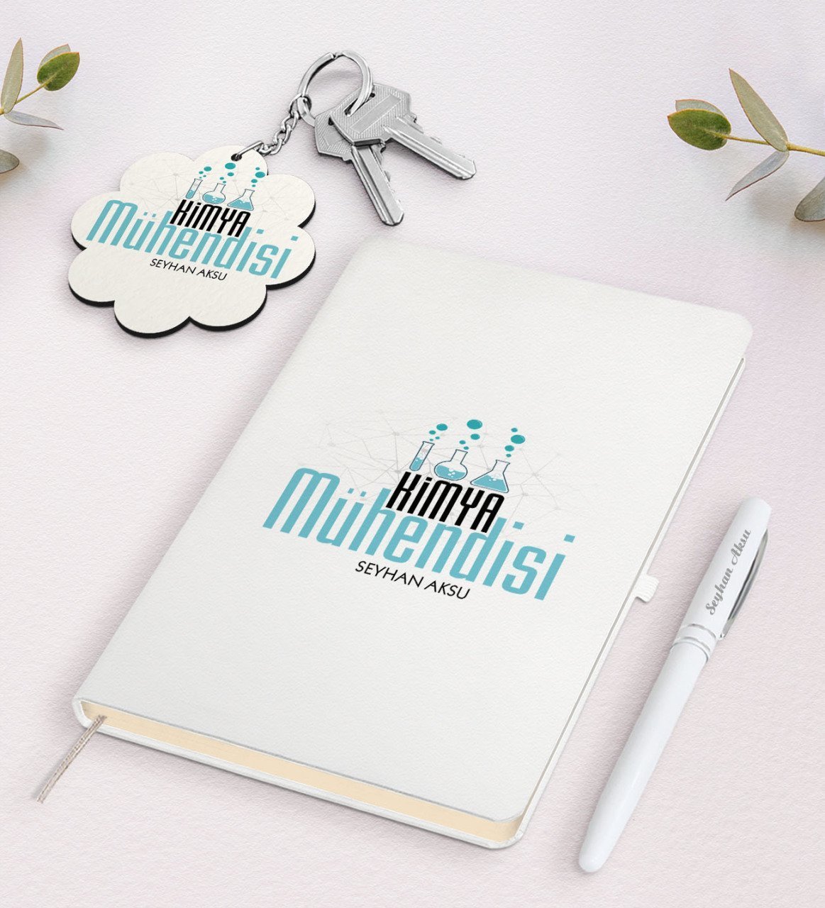 Kişiye Özel Kimya Mühendisi Beyaz Defter Kalem Ve Anahtarlık Hediye Seti-1