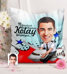Kişiye Özel Bay Kaptan Pilot Karikatürlü Saten Yastık - 1