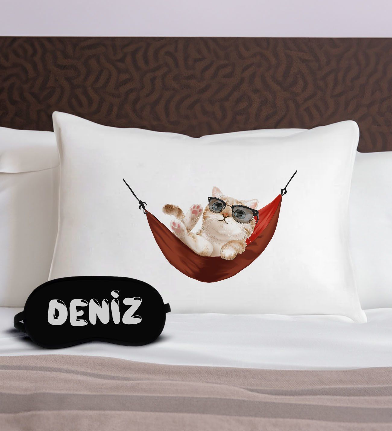BK Gift Kişiye Özel Eğlenceli Kedi Tasarrımlı Pamuklu Yastık Kılıfı ve Göz Bandı Uyku Seti-1, Tasarım Ev Tekstili, Uyku Bandı, Ev Hediyesi