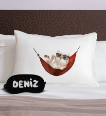 BK Gift Kişiye Özel Eğlenceli Kedi Tasarrımlı Pamuklu Yastık Kılıfı ve Göz Bandı Uyku Seti-1, Tasarım Ev Tekstili, Uyku Bandı, Ev Hediyesi