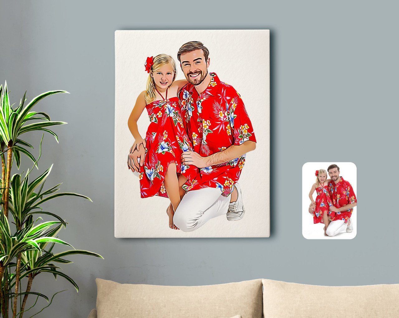 Kişiye Özel Tam Boy Baba ve Kız Karikatürlü Kanvas Tablo 50x70cm-1