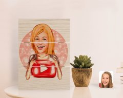 Kişiye Özel Kadın Youtuber Karikatürlü Otantik Masaüstü Ahşap Palet Çerçeve-1