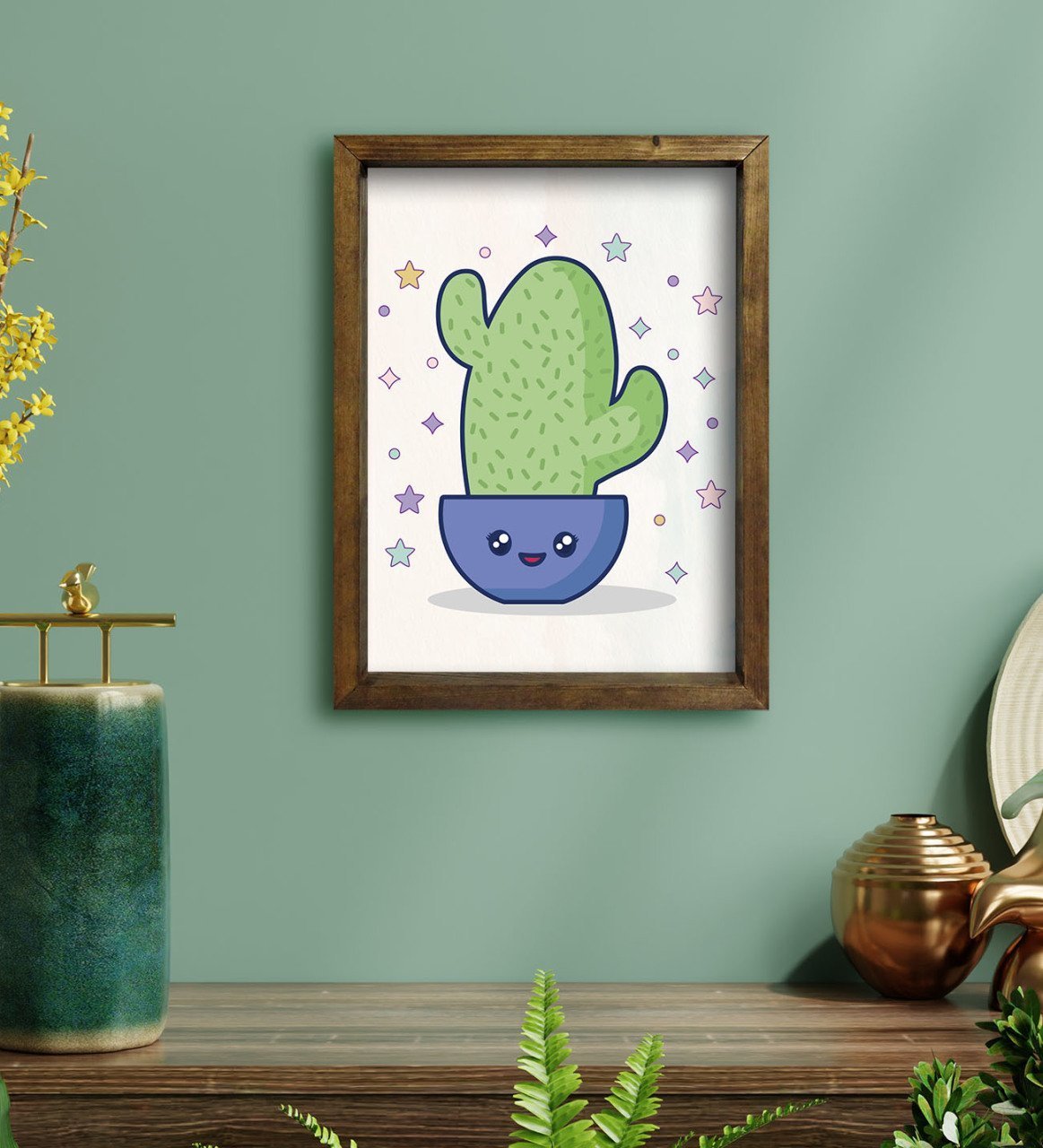 BK Gift Kaktüs Tasarımlı Doğal Masif Ahşap Çerçeveli Tablo 30x40cm-8