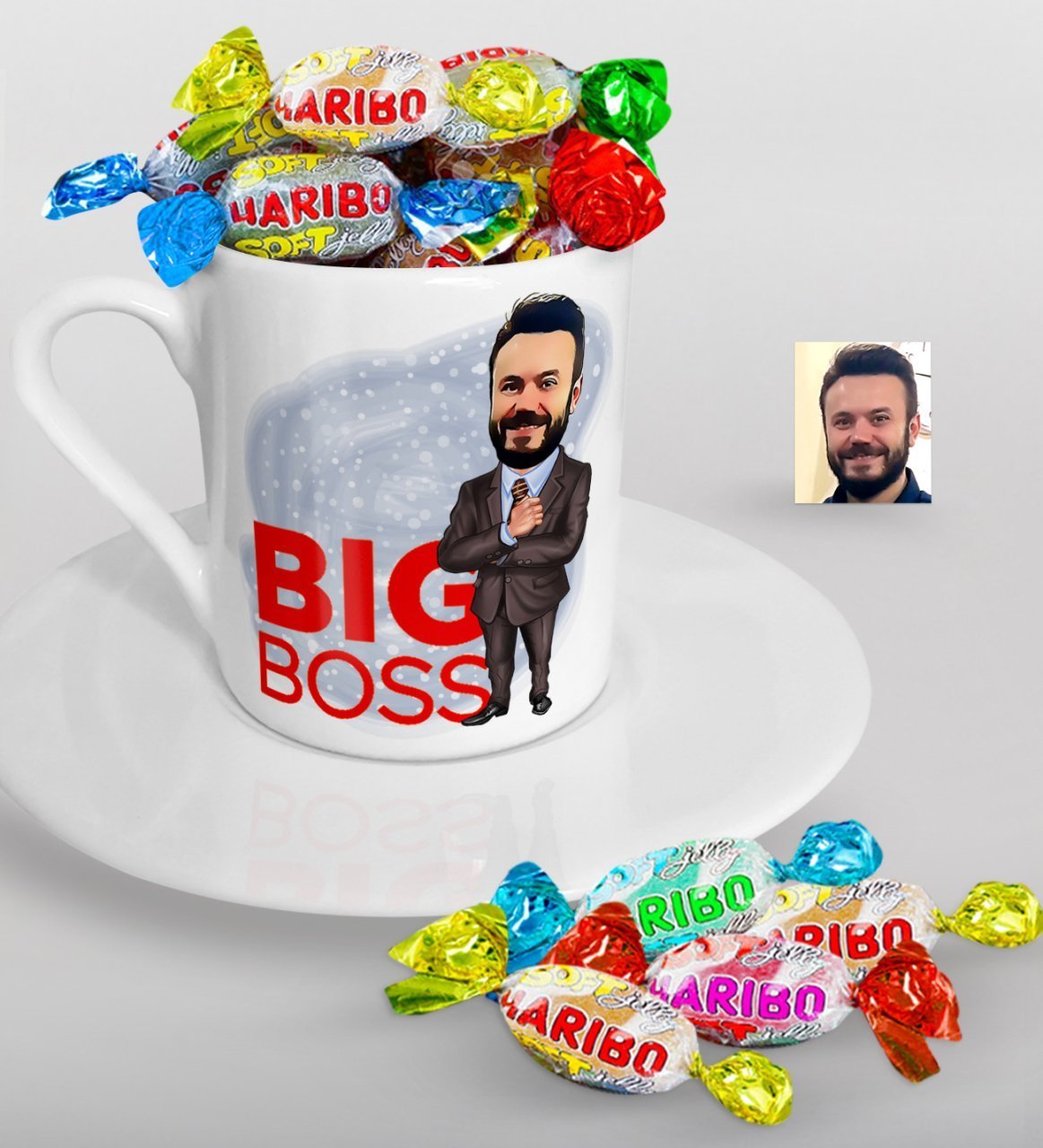 Kişiye Özel Bay Big Boss Karikatürlü Türk Kahvesi Fincanı ve Haribo Şeker Hediye Seti-2