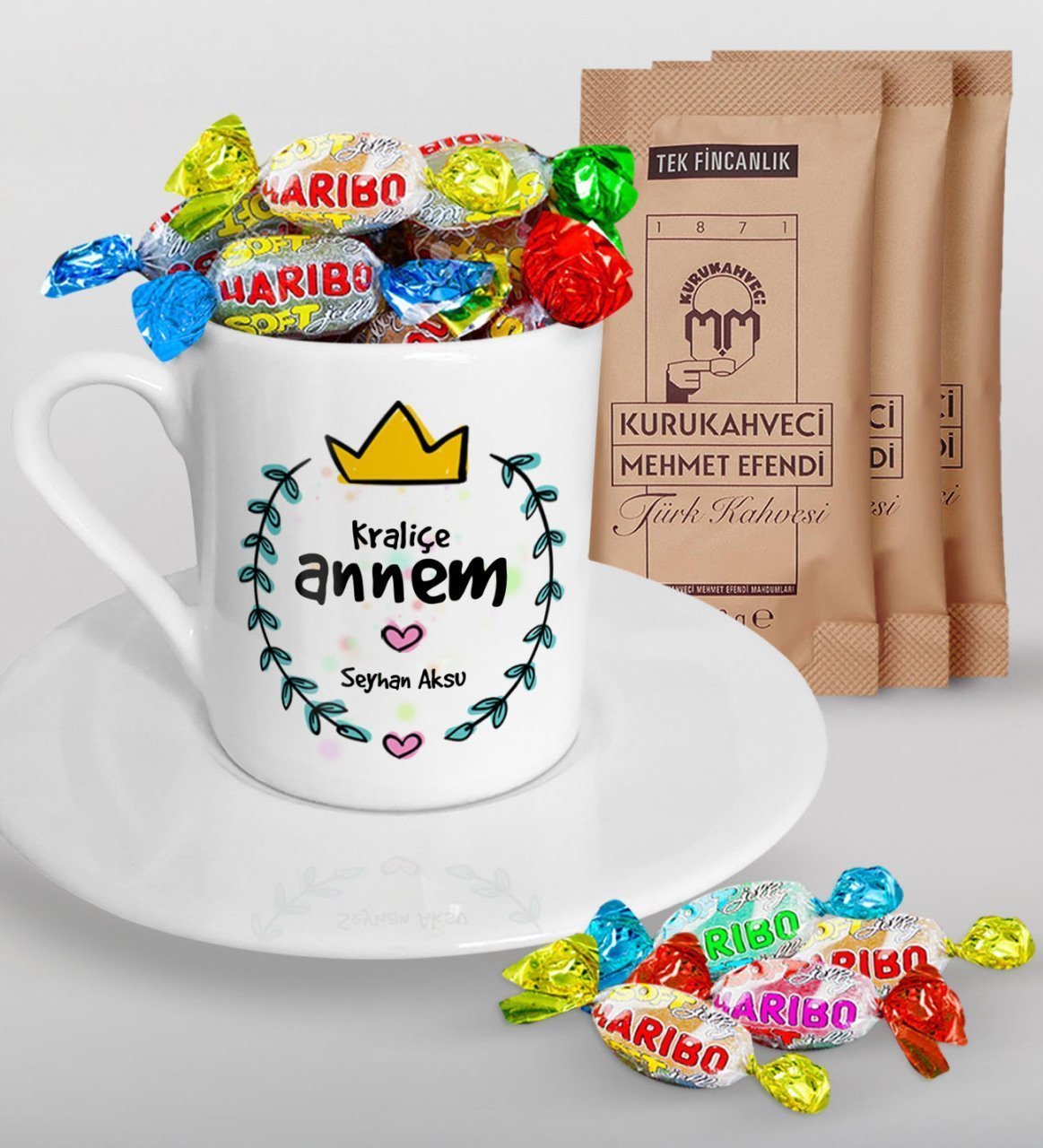 Kişiye Özel Kraliçe Annem Tasarımlı Türk Kahvesi Fincanı Mehmet Efendi Kahve ve Haribo Şeker Hediye Seti-1