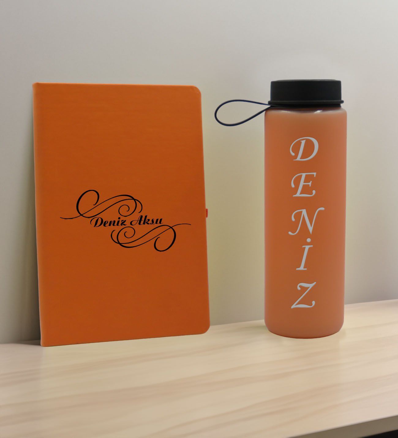 BK Gift Kişiye Özel İsimli Turuncu Defter ve Somon Cam Matara Hediye Seti-3, Sevgiliye Hediye, Arkadaşa Hediye, Yeni İş Hediyesi