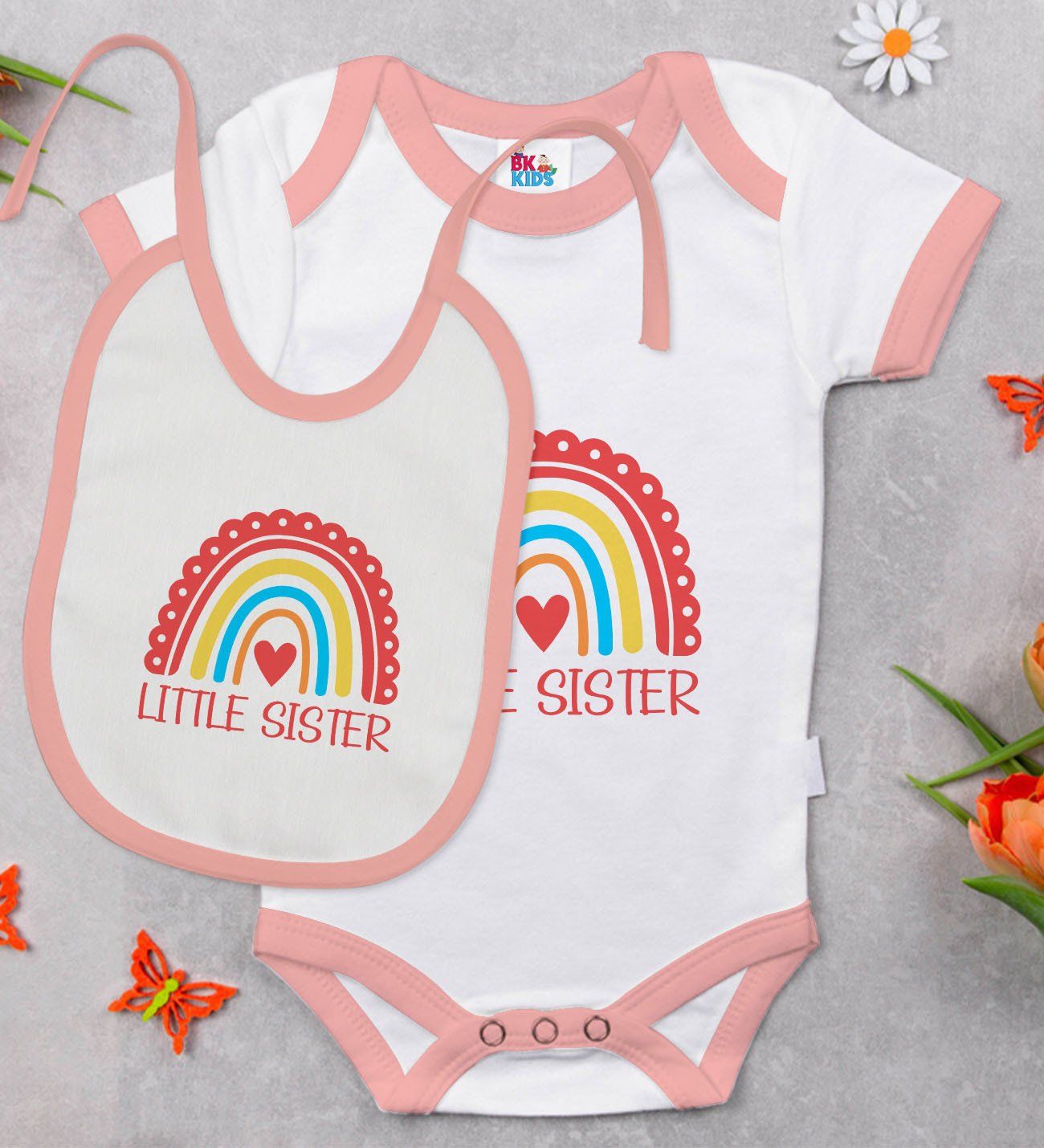 BK Kids Little Sister Tasarımlı Pembe Bebek Body Zıbın ve Mama Önlüğü Hediye Seti-1