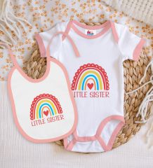 BK Kids Little Sister Tasarımlı Pembe Bebek Body Zıbın ve Mama Önlüğü Hediye Seti-1