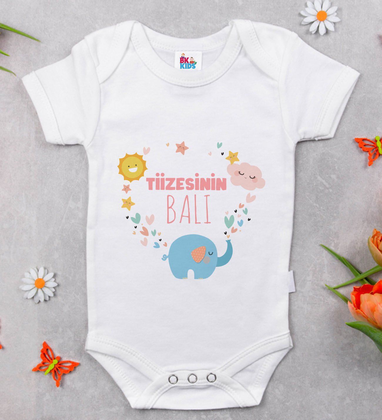 BK Kids Tizesinin Balı Tasarımlı Beyaz Bebek Body Zıbın-1