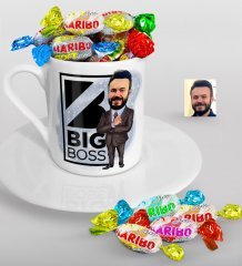 Kişiye Özel Bay Big Boss Karikatürlü Türk Kahvesi Fincanı ve Haribo Şeker Hediye Seti-1