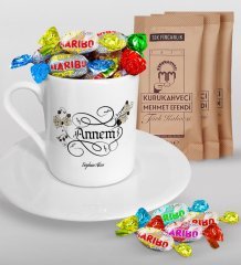 Kişiye Özel Kaligrafi Annem Tasarımlı Türk Kahvesi Fincanı Mehmet Efendi Kahve ve Haribo Şeker Hediye Seti-1