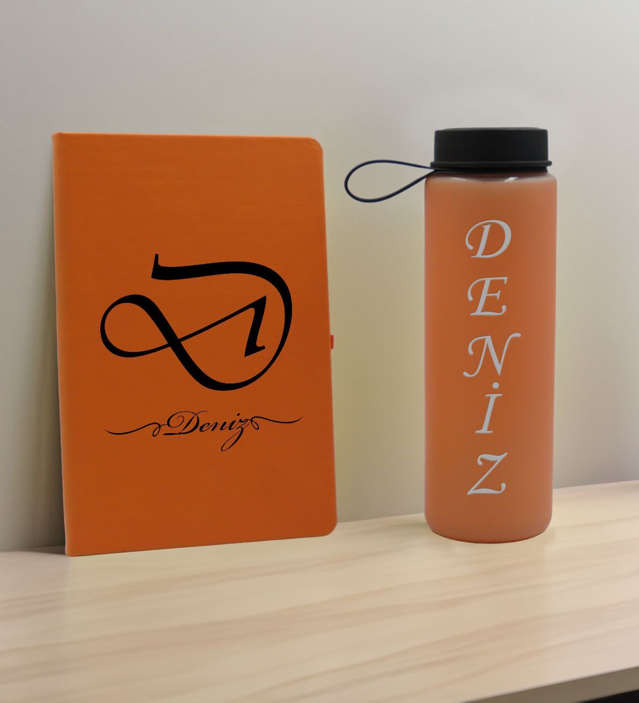 BK Gift Kişiye Özel İsimli Turuncu Defter ve Somon Cam Matara Hediye Seti-2, Sevgiliye Hediye, Arkadaşa Hediye, Yeni İş Hediyesi