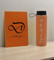 BK Gift Kişiye Özel İsimli Turuncu Defter ve Somon Cam Matara Hediye Seti-2, Sevgiliye Hediye, Arkadaşa Hediye, Yeni İş Hediyesi