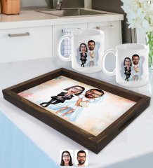 Kişiye Özel Sevgililer Karikatürlü Doğal Ahşap Tepsi ve 2’li Kupa Bardak Seti-16