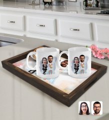 Kişiye Özel Sevgililer Karikatürlü Doğal Ahşap Tepsi ve 2’li Kupa Bardak Seti-16