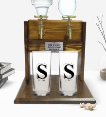 Kişiye Özel Renkli Baskılı İsimli İkili Rakı Bardağı ve Çift Musluklu Doğal Ahşap Rakı Standı-34