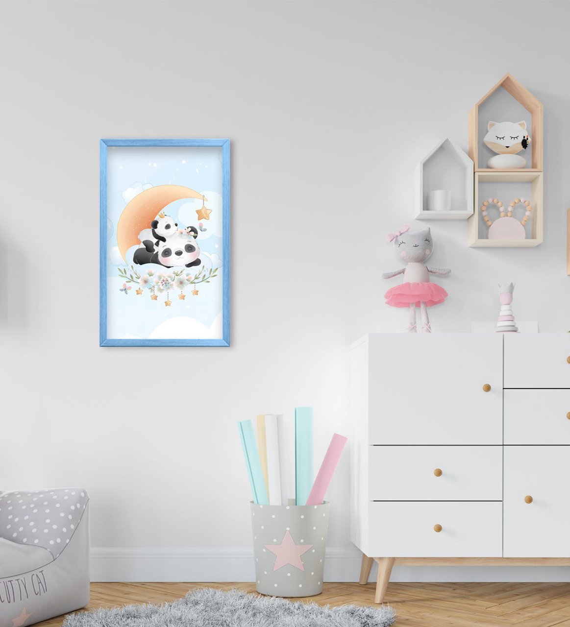 BK Home Tatlı Pandalar Tasarımlı Dekoratif Mavi Ahşap Çerçeveli Çocuk Odası Tablo-1