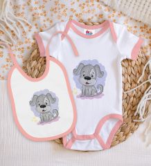 BK Kids Sevimli Köpek Tasarımlı Pembe Bebek Body Zıbın ve Mama Önlüğü Hediye Seti-2