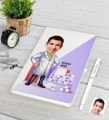 Kişiye Özel Bay Eczacı Karikatürlü Beyaz Defter Kalem Seti-3