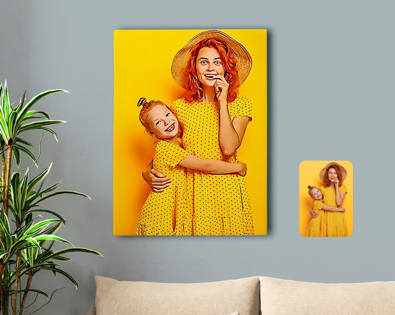 Kişiye Özel Tam Boy Anne ve Kız Karikatürlü Kanvas Tablo 50x70cm-1