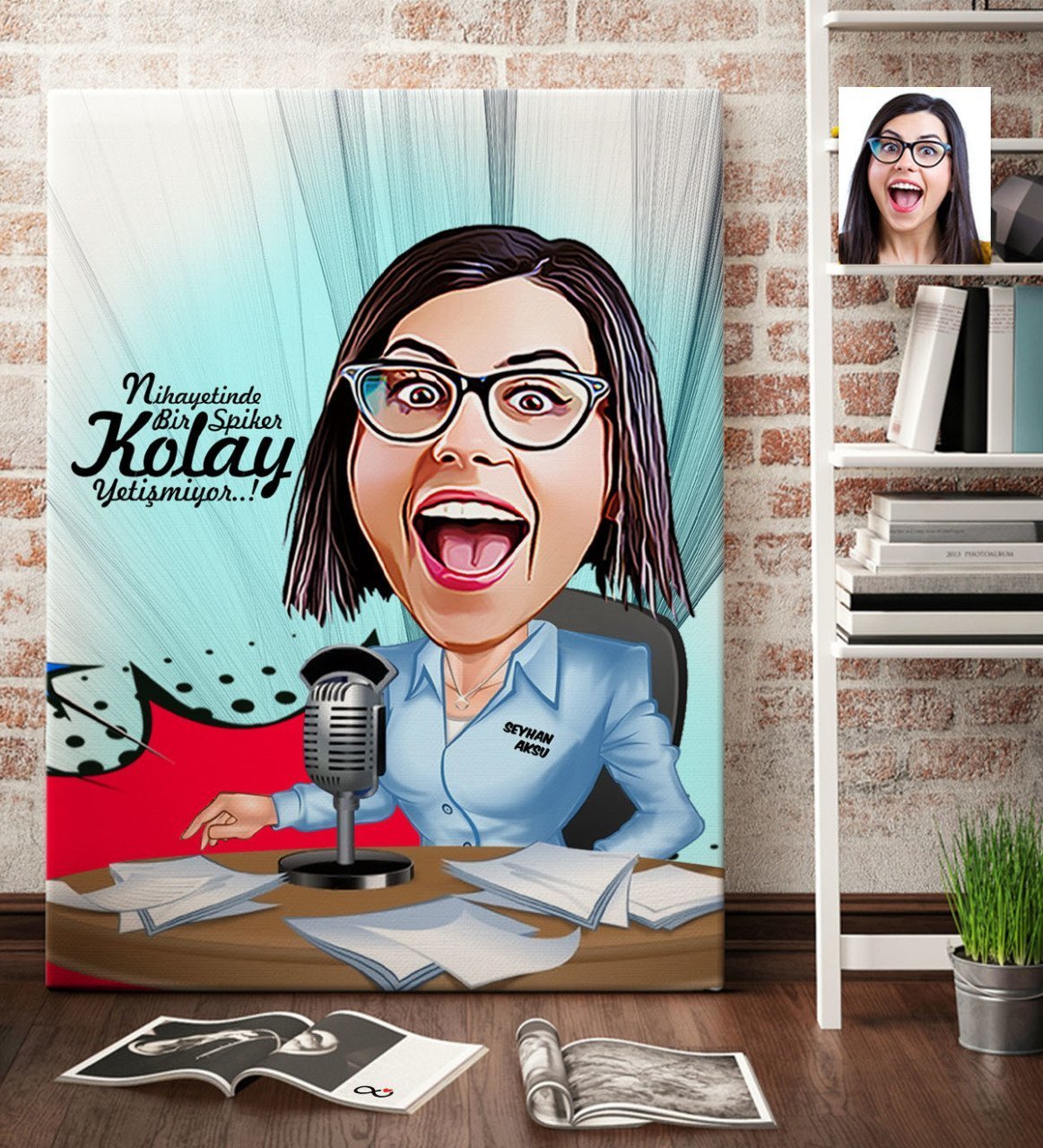 Kişiye Özel Bayan Spiker Sunucu Karikatür Kanvas Tablo (70 x 100 cm.) 1