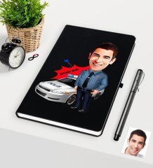 Kişiye Özel Bay Trafik Polisi Karikatürlü Siyah Defter Kalem Seti - 2