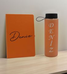 BK Gift Kişiye Özel İsimli Turuncu Defter ve Somon Cam Matara Hediye Seti-1, Sevgiliye Hediye, Arkadaşa Hediye, Yeni İş Hediyesi