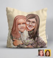Kişiye Özel Kız Kardeşler Karikatürlü Beyaz Yastık-4